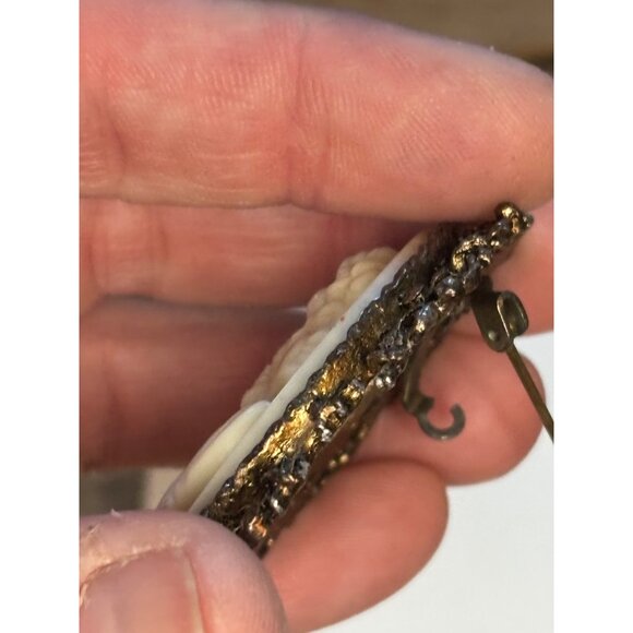 Vintage Cameo Brooch Pin With Detailed Woman Portrait In Ornate Metal Frame - Picture 8 of 9